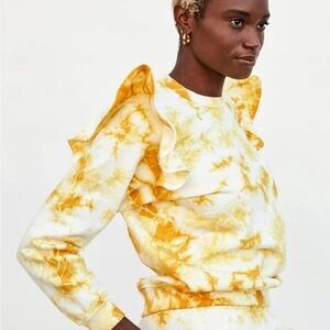 Clare V Yellow Tie Dye Ruffle Feminine Sweatshirt Popover Anthropologie Size XL